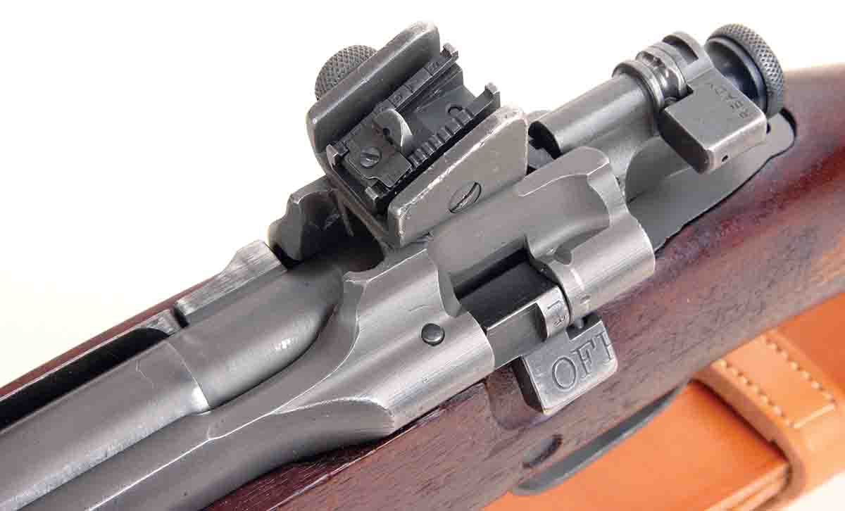 For the U.S. Model 03A3, the rear sight has 4-MOA windage clicks but elevation is changed by sliding the aperture up and down on a slanted and notched ramp.